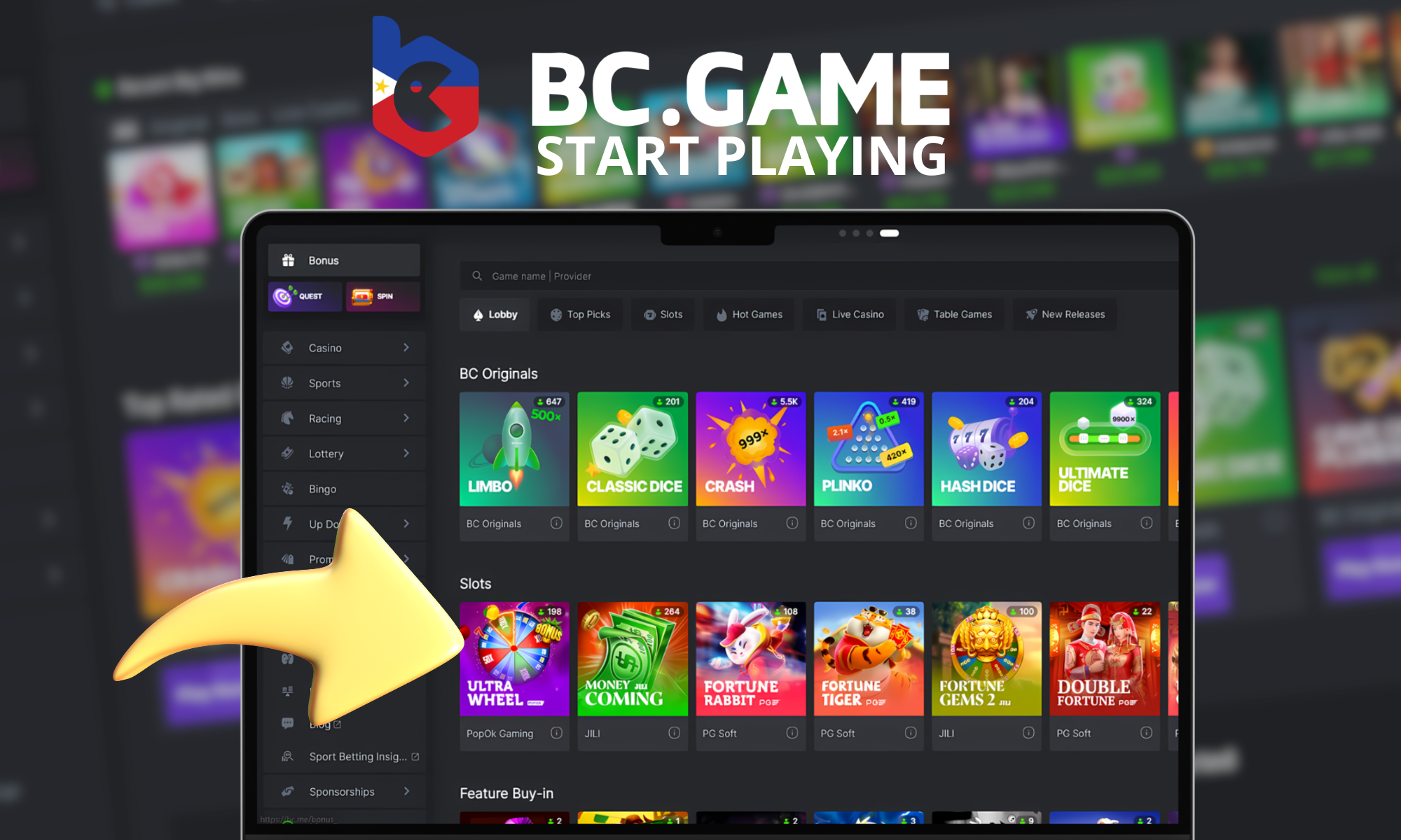 Step-by-step instructions on how to start playing BC Game slot machines